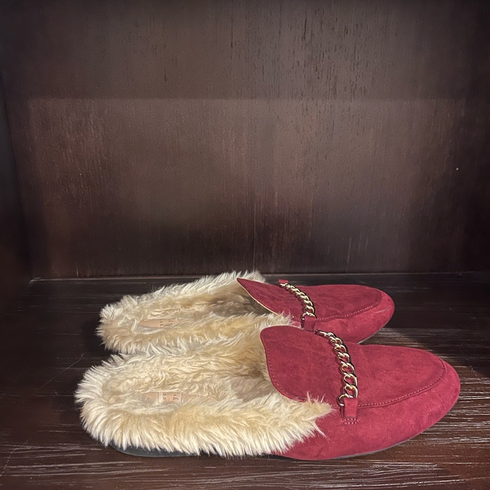 Burgundy slides with fur. A New Day. Size 8. Worn once.